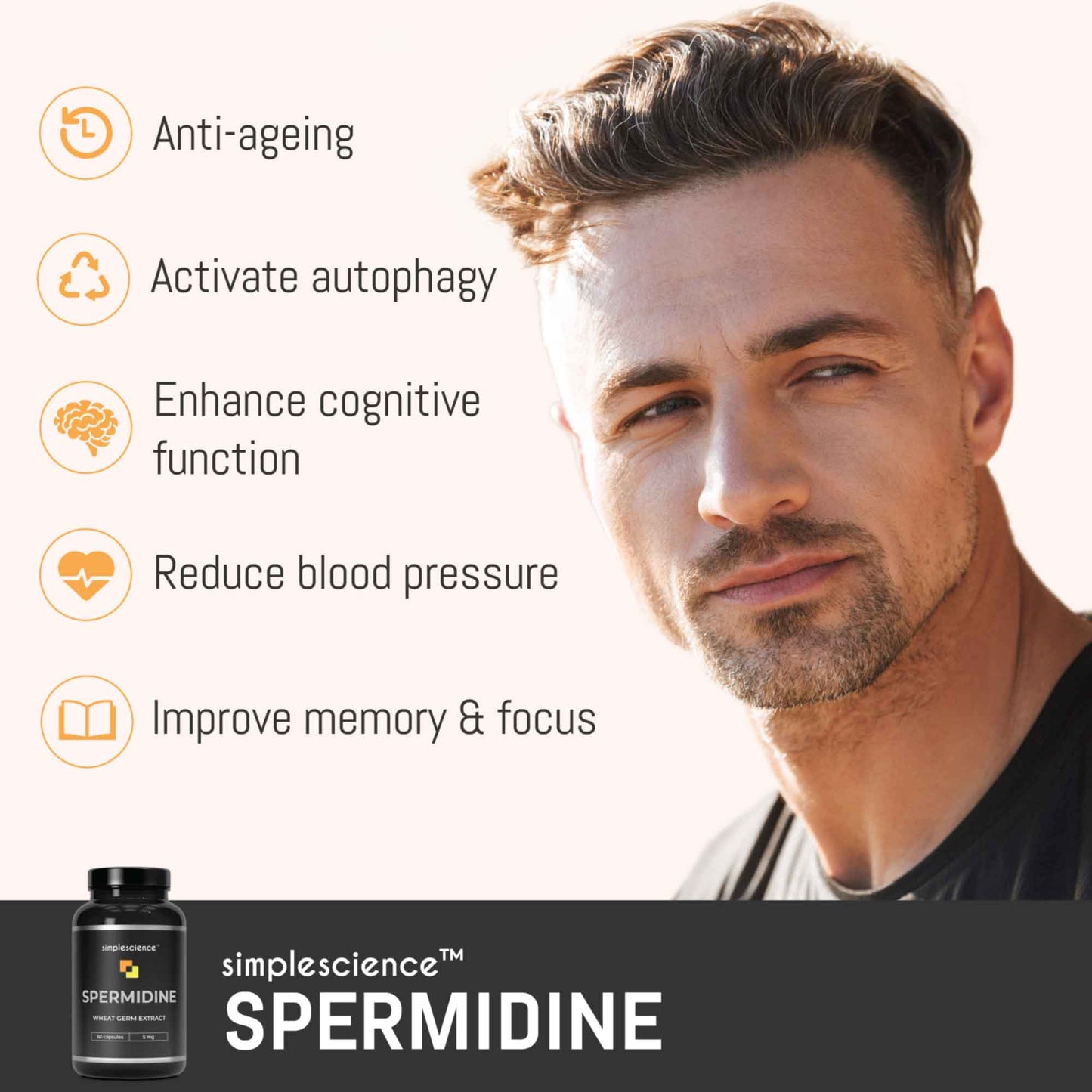 spermidine 5mg 500mg wheat germ extract david sinclair bryan johnson highest strength high strength longevity natural supplement simplescience cognitive function autophagy blood pressure supplement memory and focus