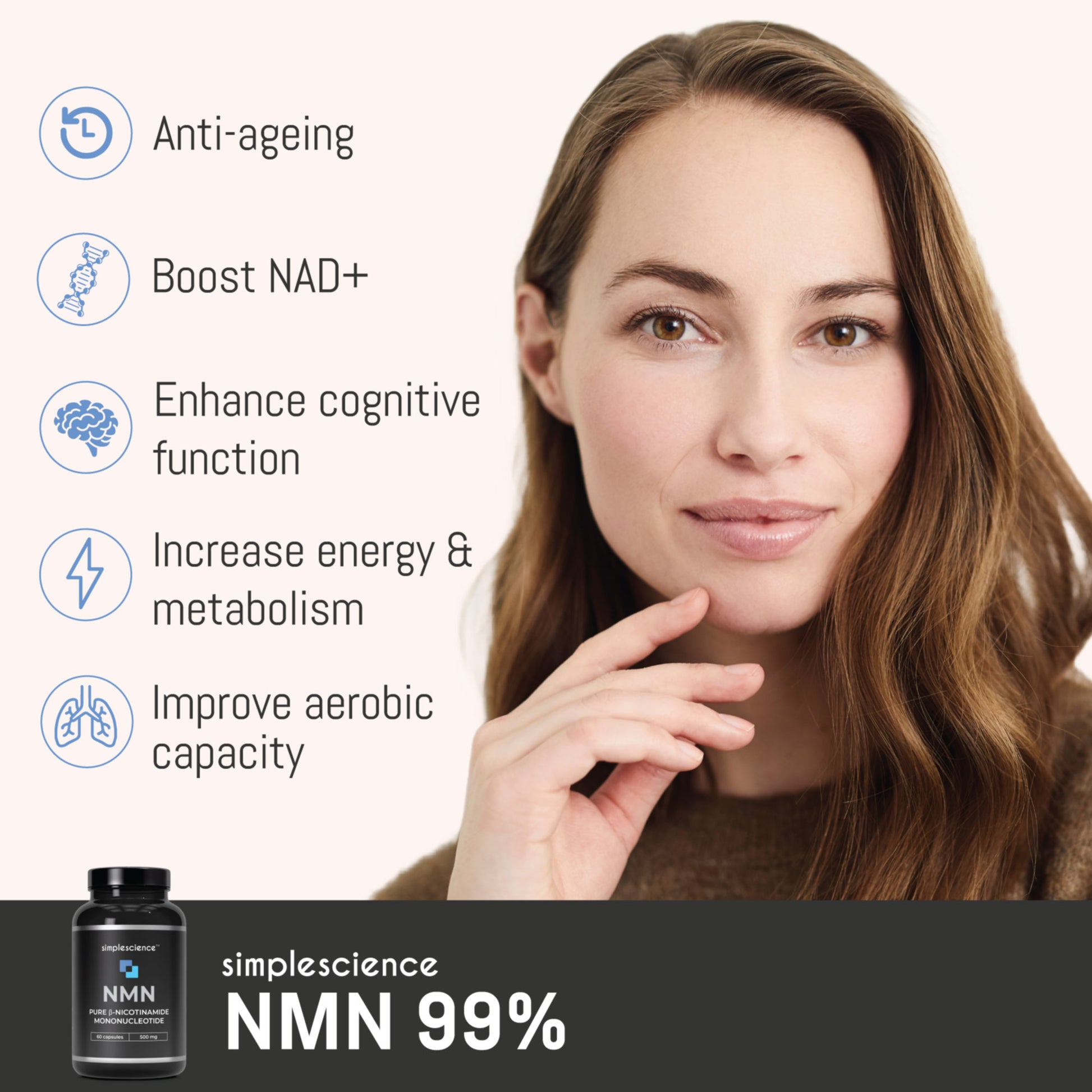 NMN 1000mg simplescience pure nicotinamide mononucleotide supplement bottle front David Sinclair product benefits include boosting NAD+, enhanced mental clarity and brain health, increased energy and metabolism, anti-ageing, improved aerobic capacity. GMP certified